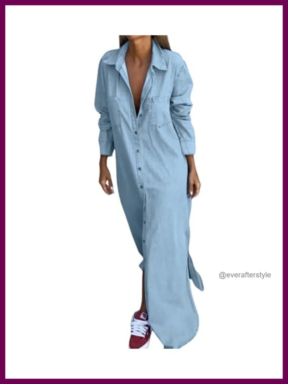 Women's Long Sleeve Button Down Denim Maxi Shirt Dress Side Slit